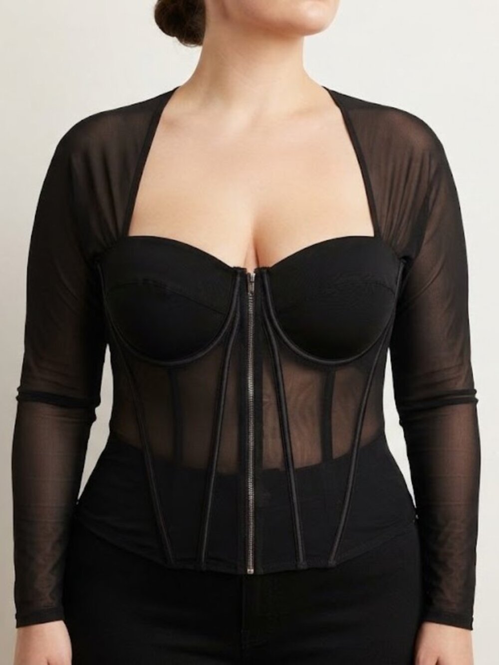 Black Sheer Long-Sleeve Corset Top
